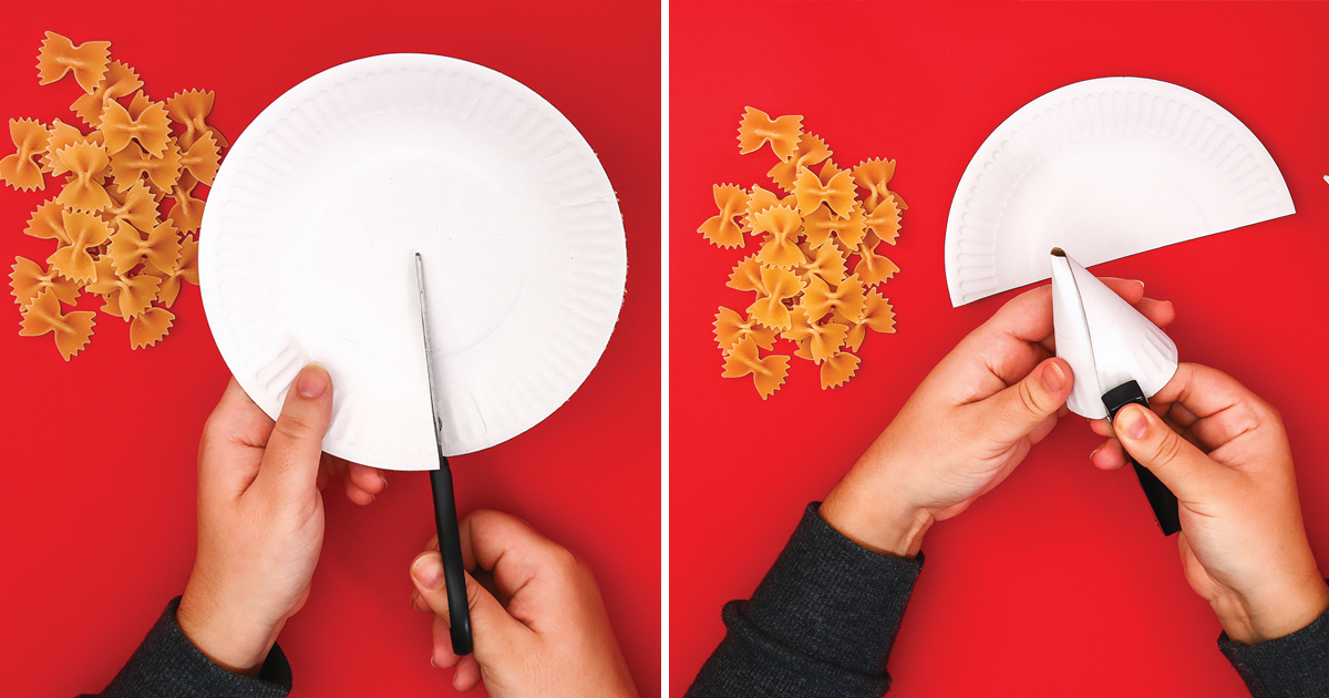 Cut a paper plate in half. Fold it in a cone shape and staple the two edges together.