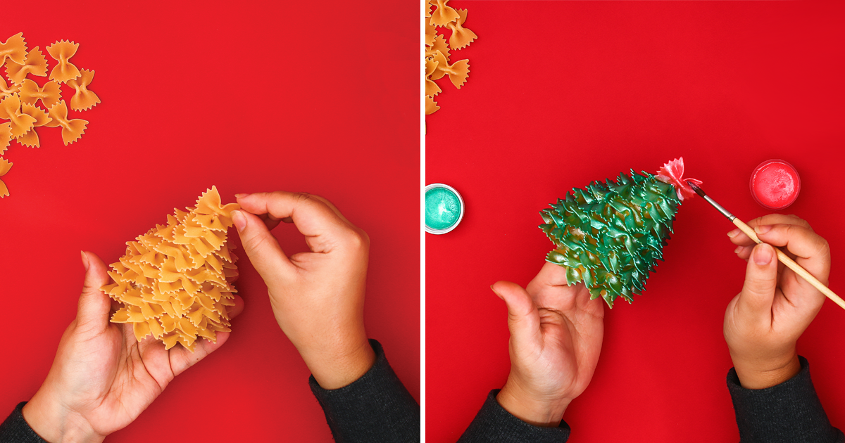 Glue the final piece of pasta to the top of the tree (representing the star) and add finishing decorations.