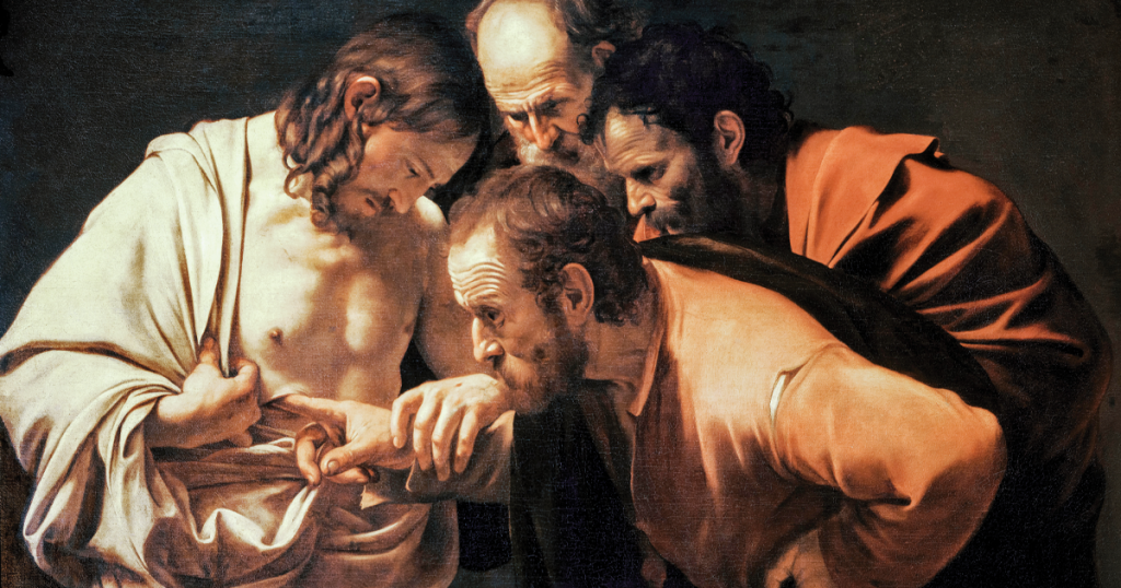 Painting by Caravaggio, Doubting Thomas, (The Incredulity of Saint Thomas), painting, 1601-1602